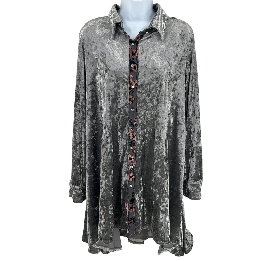Dor Dor Couture Tunic Sz L Grey Crushed Velvet‎ Floral Burnout Whimsigoth Grunge